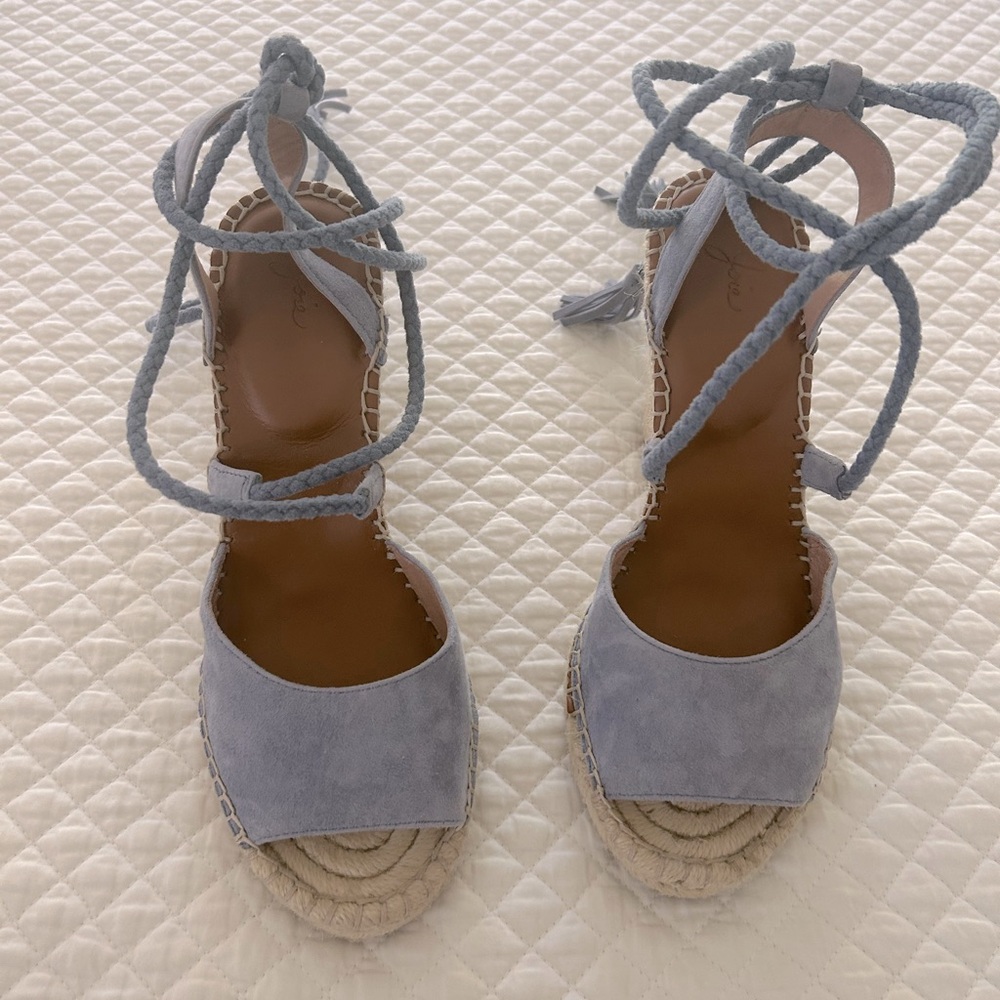 EUC.Joie Womens Suede Espadrille Wedge Sandals Ankle Tie Sz EU 38 Blue.Worn 2x